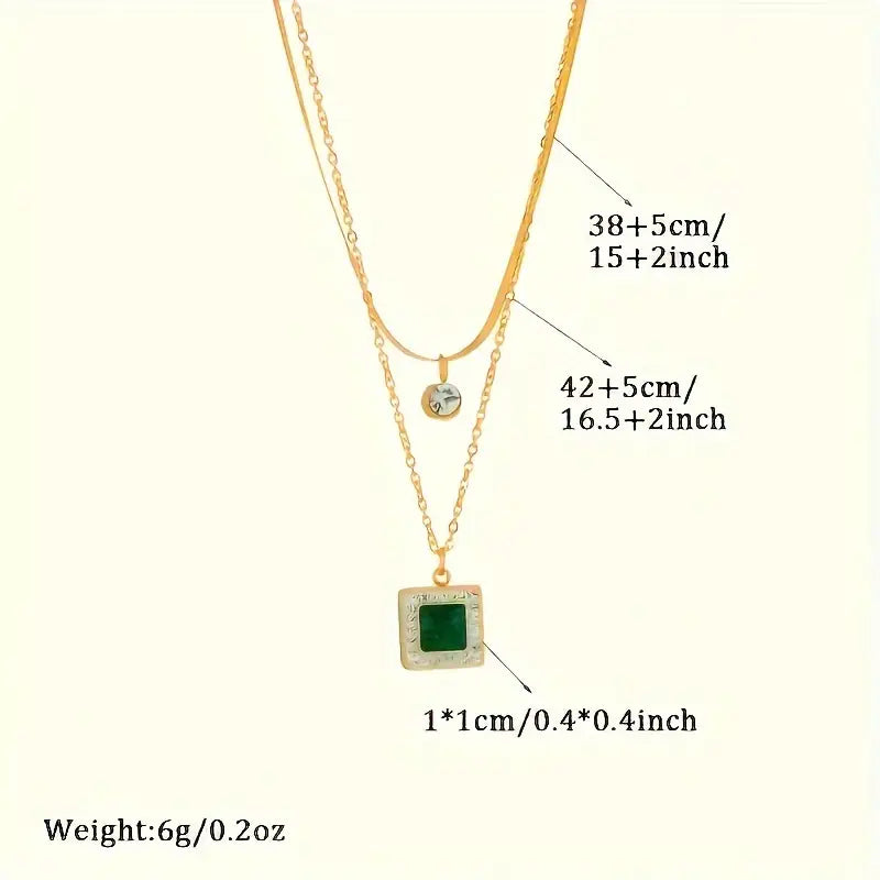 Emerald Square Halo Double Layer Necklace – Gold