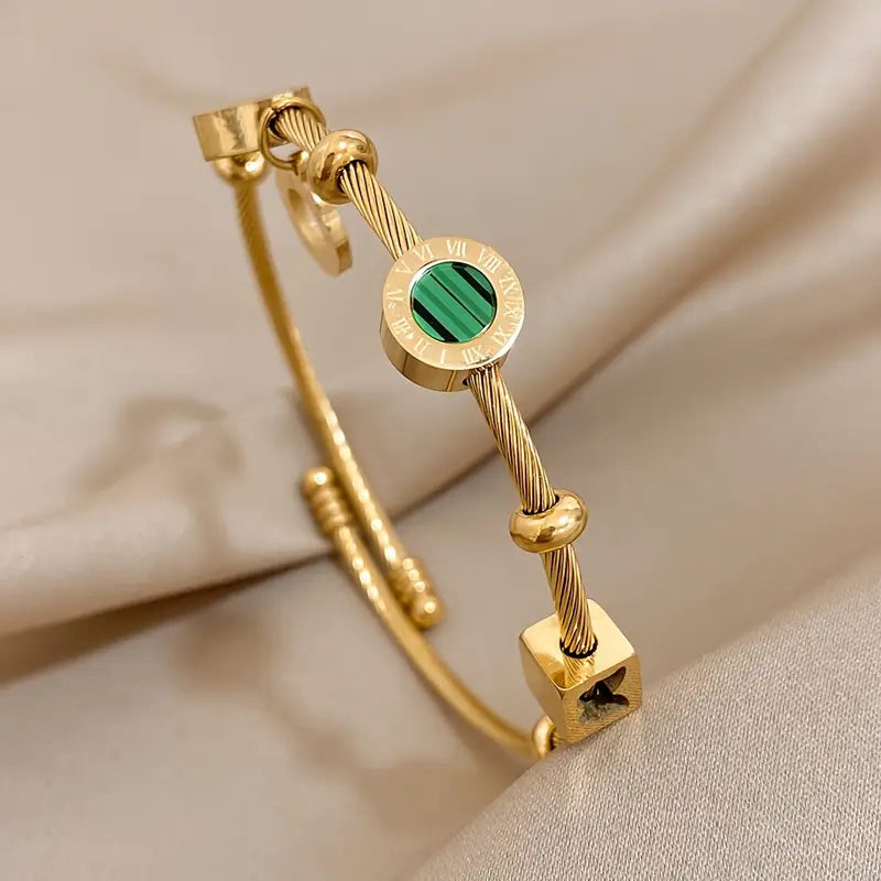 Gold Twisted Cable Charm Bangle with Malachite