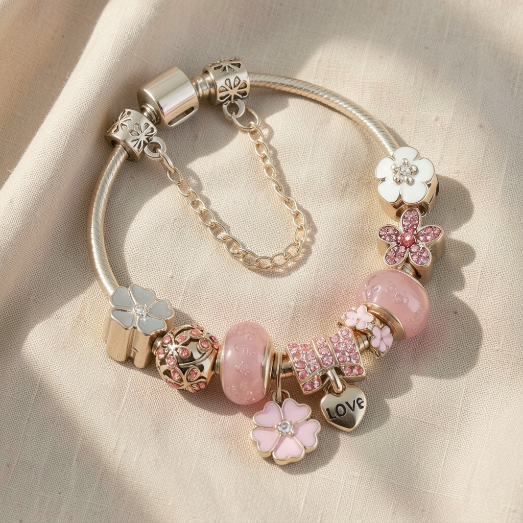 Rose Gold Flower & Love Charm Bracelet