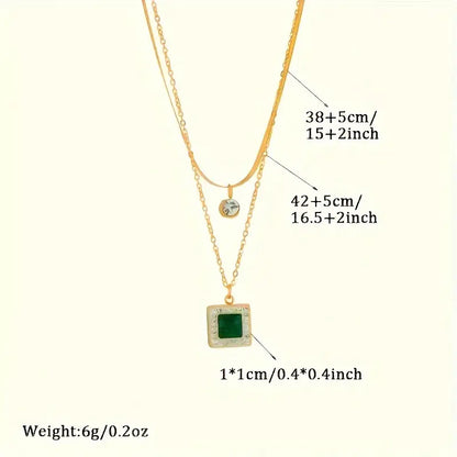 Emerald Square Halo Double Layer Necklace – Gold