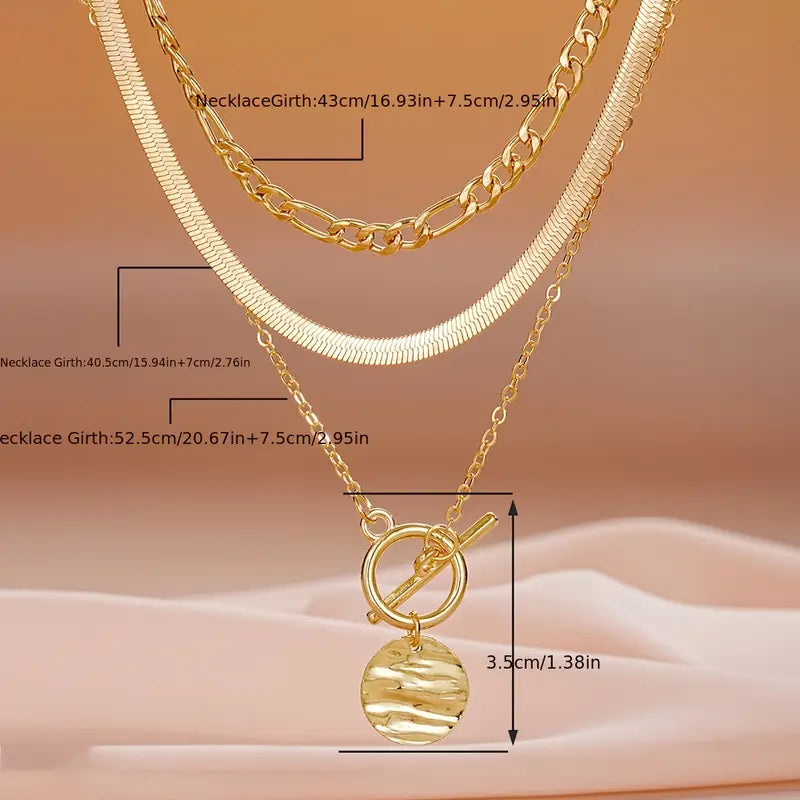 Gold Triple Layer Necklace Set – Herringbone, Figaro & Shell Pendant