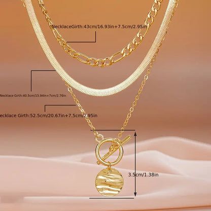 Gold Triple Layer Necklace Set – Herringbone, Figaro & Shell Pendant