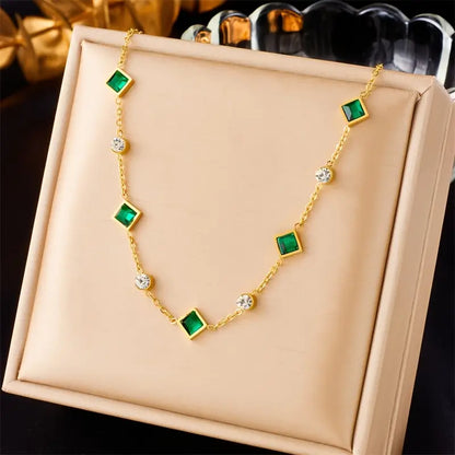Emerald Square & Crystal Station Necklace – Gold