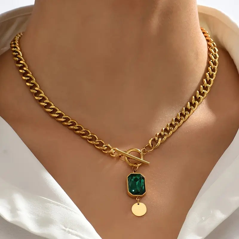 Chunky Chain Emerald Pendant Necklace Gold