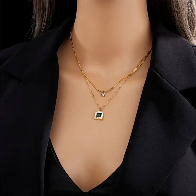 Emerald Square Halo Double Layer Necklace – Gold