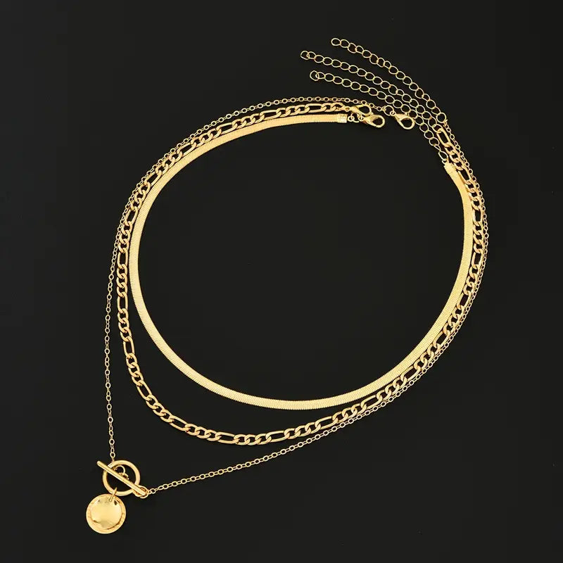 Gold Triple Layer Necklace Set – Herringbone, Figaro & Shell Pendant
