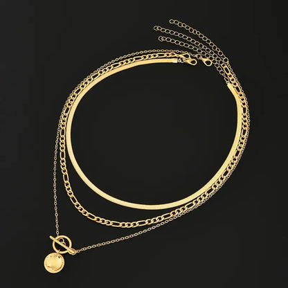 Gold Triple Layer Necklace Set – Herringbone, Figaro & Shell Pendant