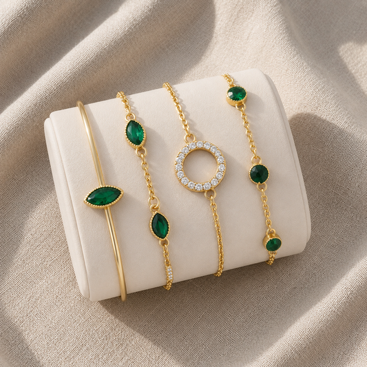 Emerald Green & Gold Bracelet Set – 4 Piece Boho Stack