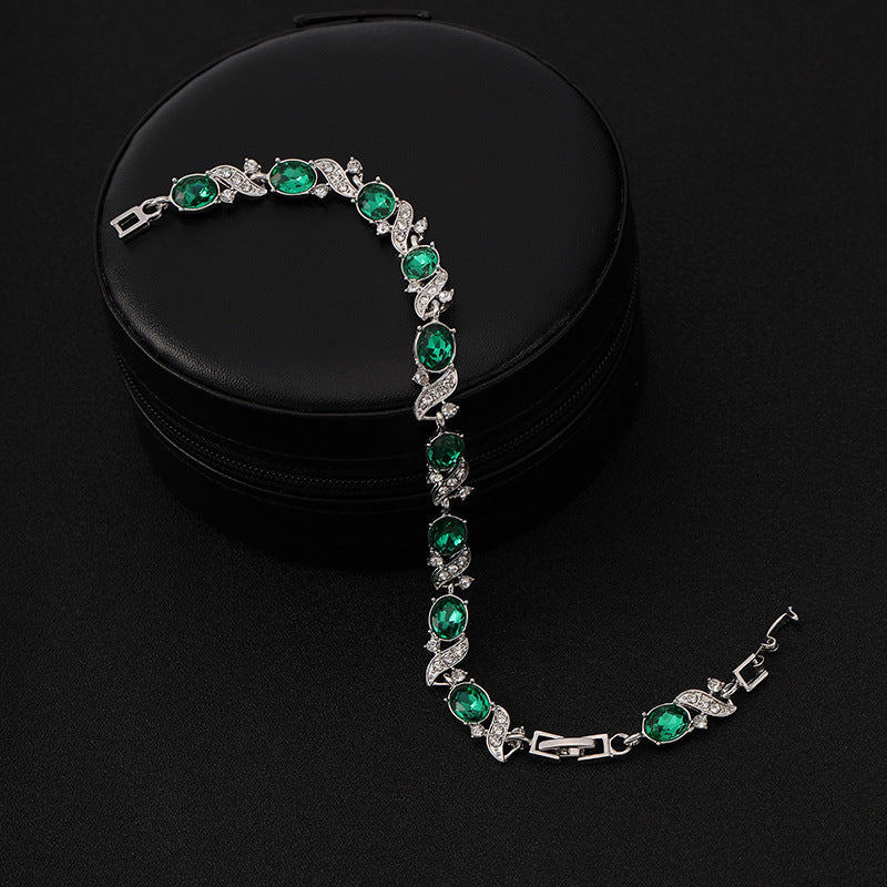 Green Stone Silver Wave Link Bracelet