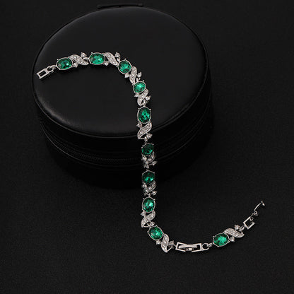 Green Stone Silver Wave Link Bracelet