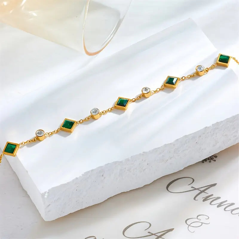 Emerald Square Bezel & Crystal Station Bracelet – Gold