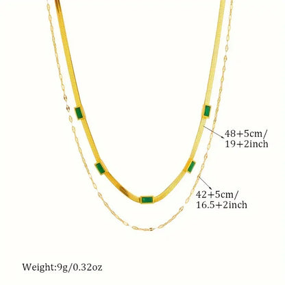 Emerald Baguette Herringbone Double Layer Gold Necklace