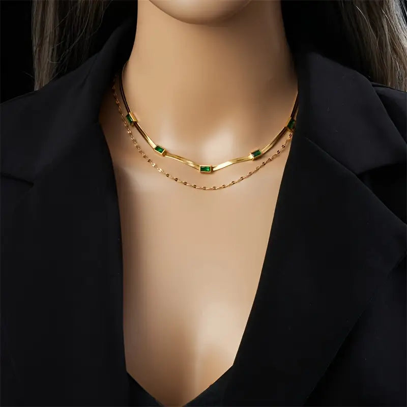 Emerald Baguette Herringbone Double Layer Gold Necklace