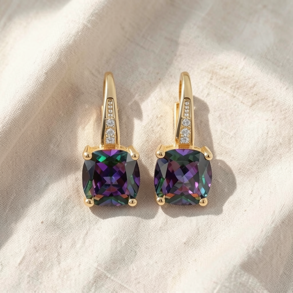 Mystic Sapphire Stone Hoop Gold Earrings