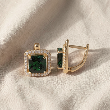Golden Green Square Zirconia Gold Earrings