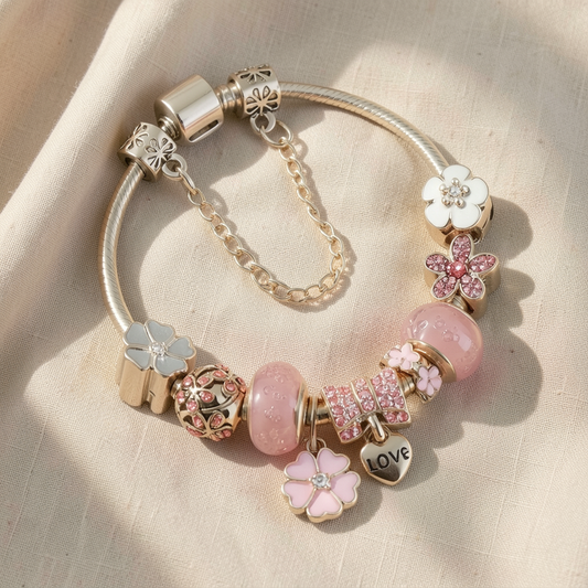 Rose Gold Flower & Love Charm Bracelet