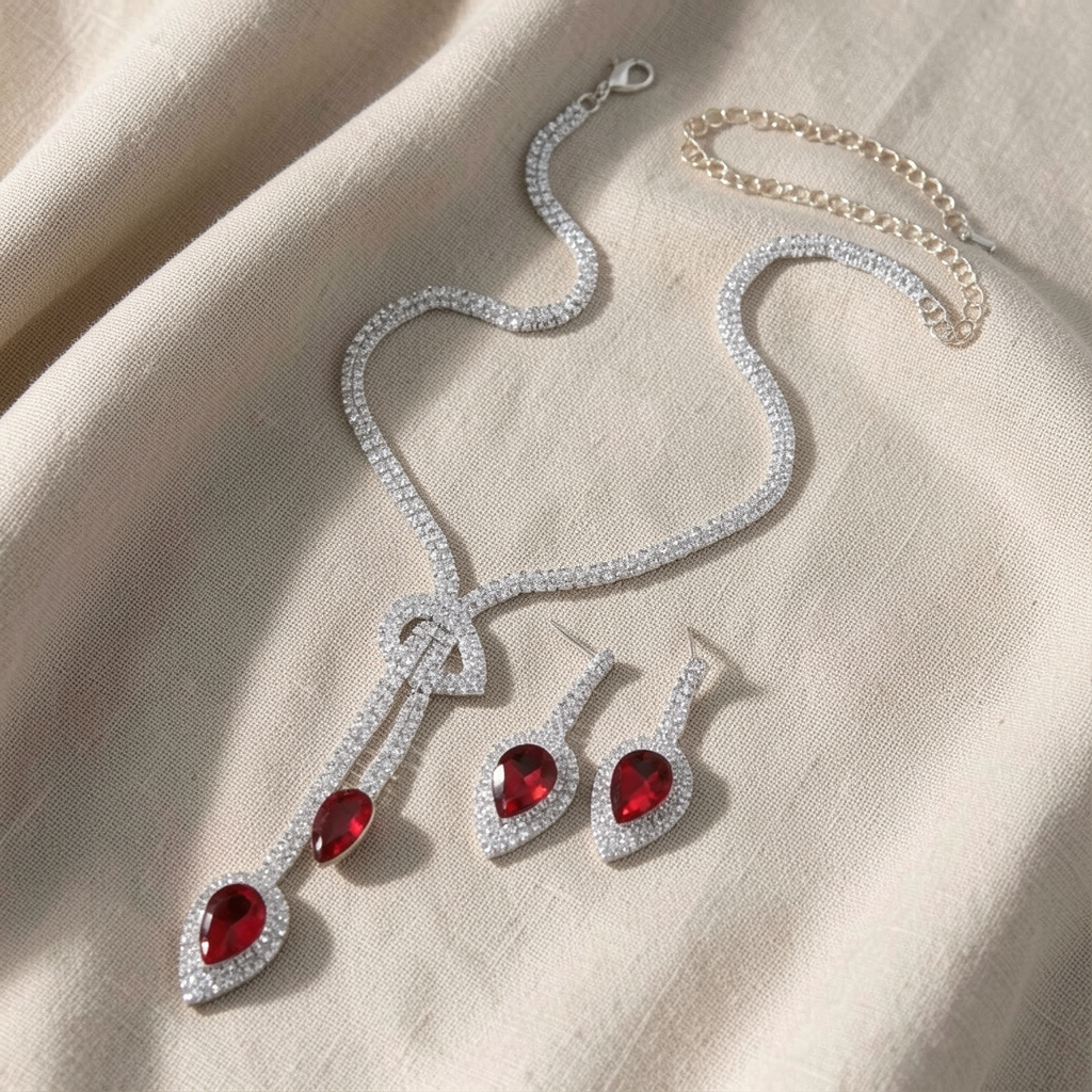 Red Rhinestone Necklace & Earring Set