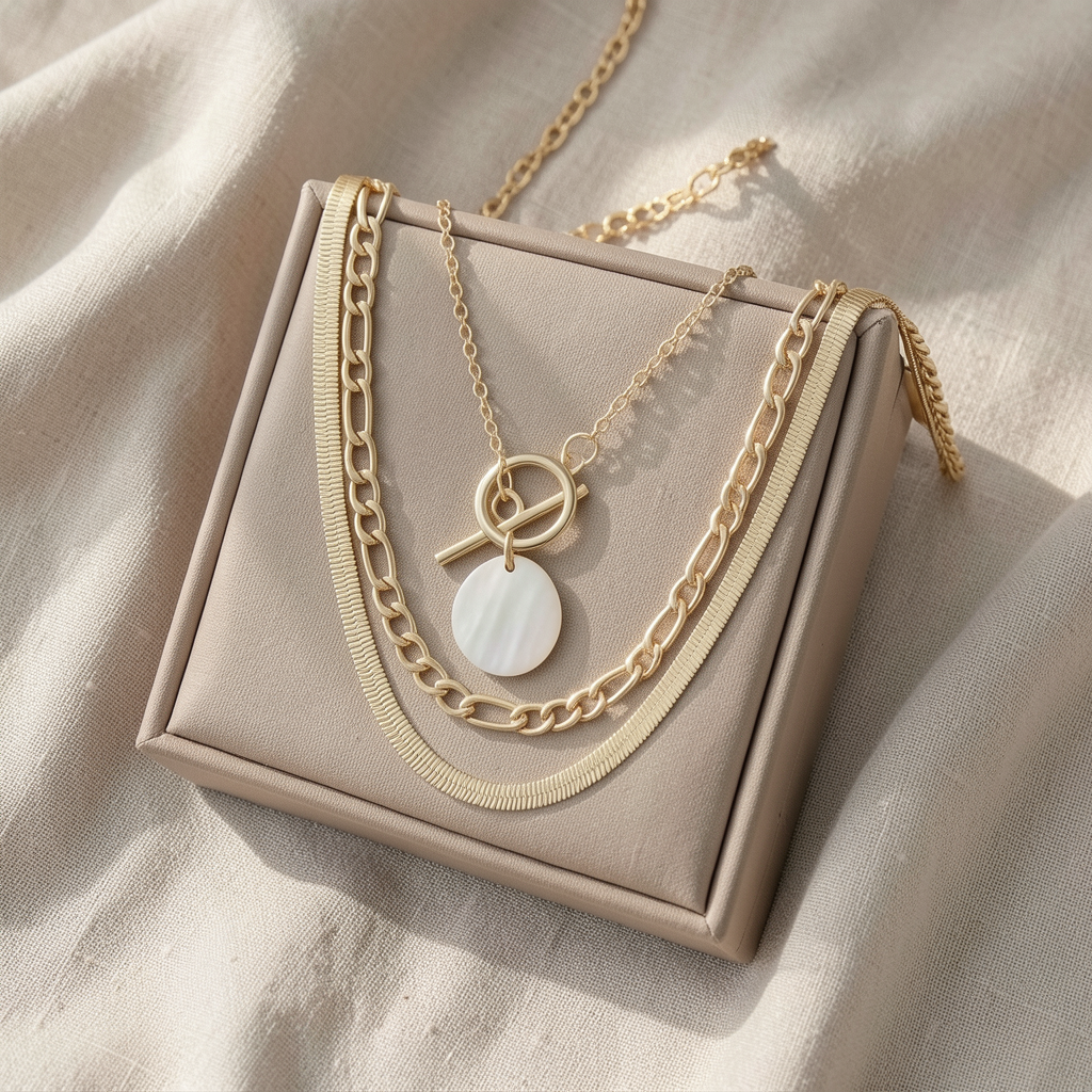 Gold Triple Layer Necklace Set – Herringbone, Figaro & Shell Pendant
