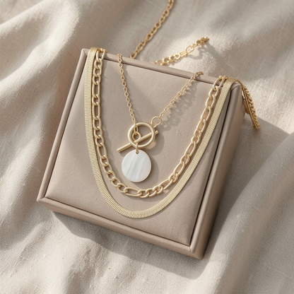 Gold Triple Layer Necklace Set – Herringbone, Figaro & Shell Pendant
