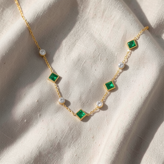 Emerald Square & Crystal Station Necklace – Gold