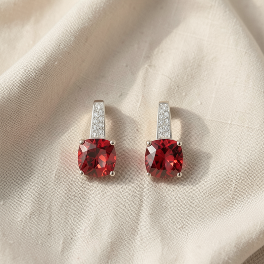 Rhodium-Plated Cushion Ruby Stud Earrings