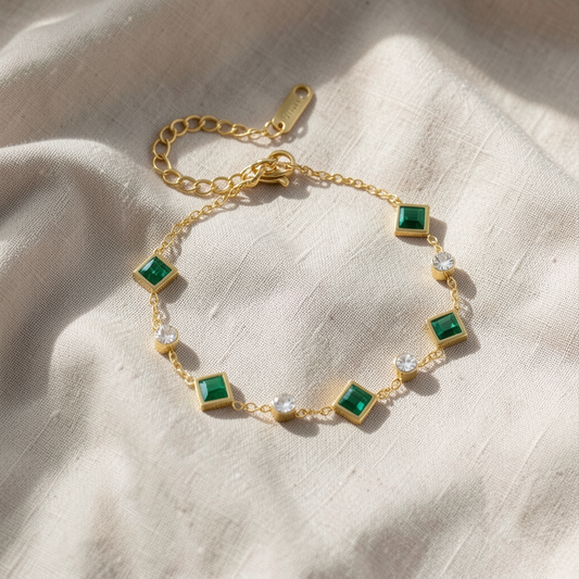 Emerald Square Bezel & Crystal Station Bracelet – Gold