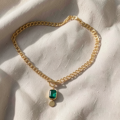 Chunky Chain Emerald Pendant Necklace Gold