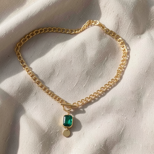 Chunky Chain Emerald Pendant Necklace Gold