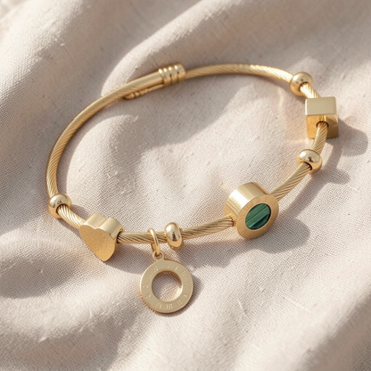Gold Twisted Cable Charm Bangle with Malachite