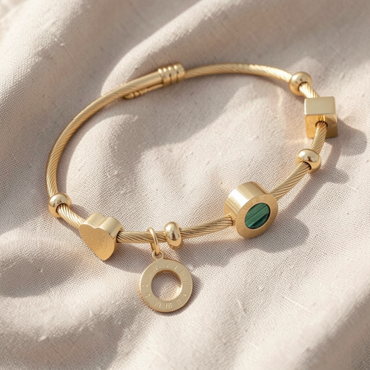 Gold Twisted Cable Charm Bangle with Malachite