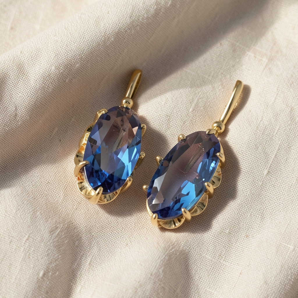Golden Blue Saffire Bloom Gold Earrings