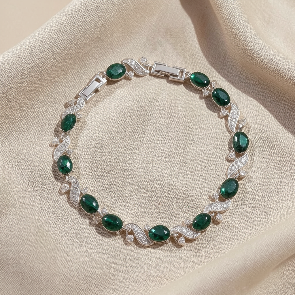 Green Stone Silver Wave Link Bracelet