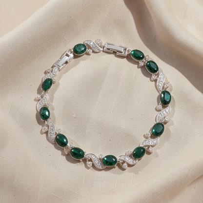 Green Stone Silver Wave Link Bracelet