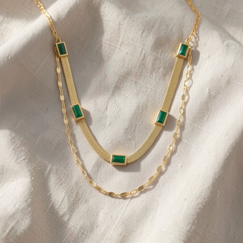 Emerald Baguette Herringbone Double Layer Gold Necklace