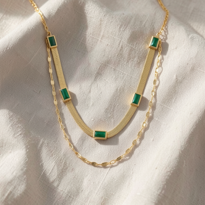 Emerald Baguette Herringbone Double Layer Gold Necklace