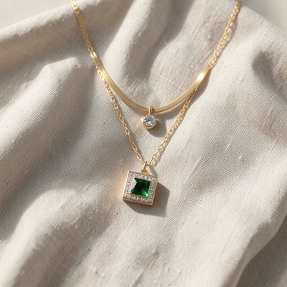 Emerald Square Halo Double Layer Necklace – Gold