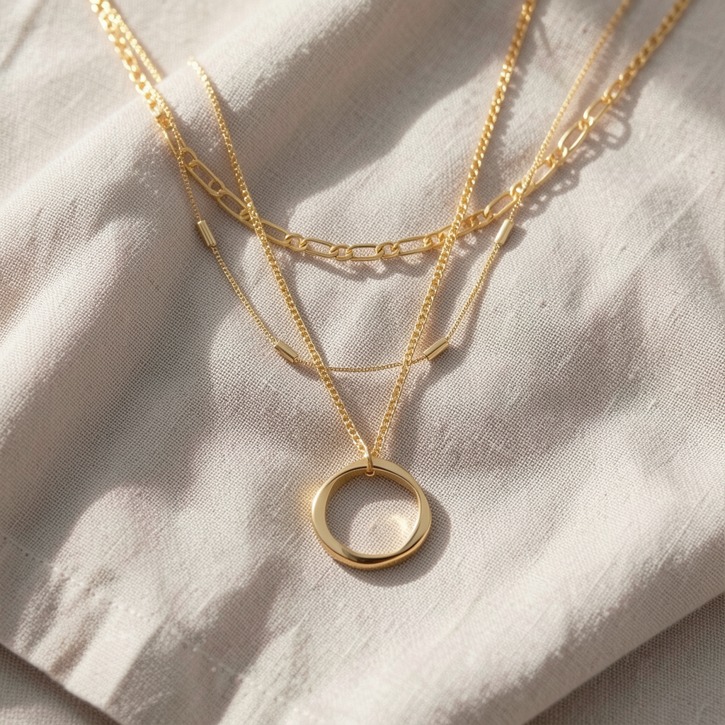 Open Circle Three Row Necklace | Gold