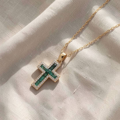 Emerald Cross Pendant Gold Necklace