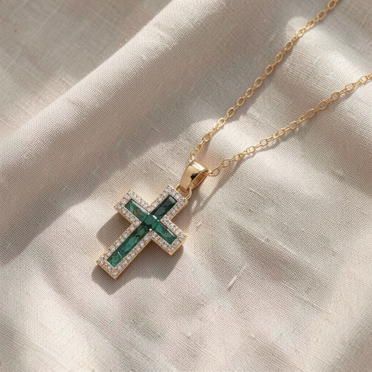 Emerald Cross Pendant Gold Necklace